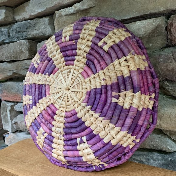Purple Seagrass Coil Basket Tray Boho Decor Dorm Wall Art Scallop Bohemian - Picture 8 of 8